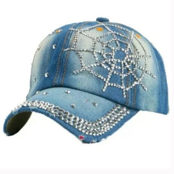 Denim Spider Web Rhinestone Cap - Picture 1 of 1
